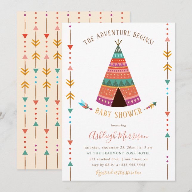 Invitation L'aventure commence le Baby shower TeePee Tribal m (Devant / Derrière)