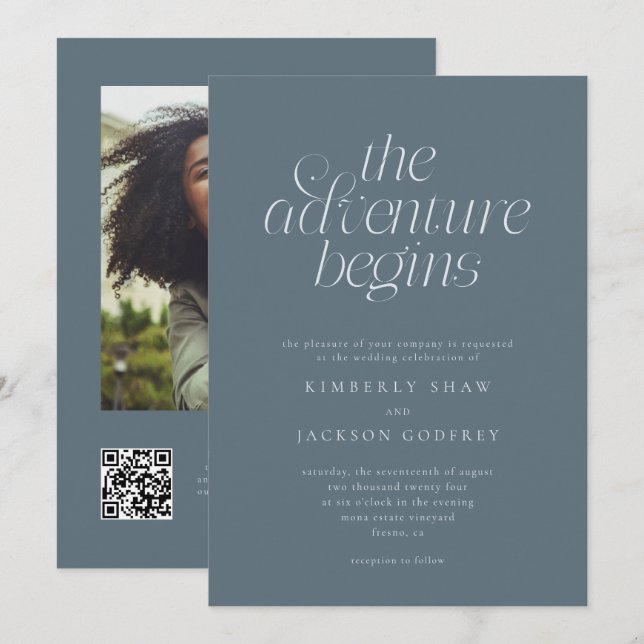 Invitation L'Aventure Commence Mariage Minimal Bleu Ardoise  (Devant / Derrière)