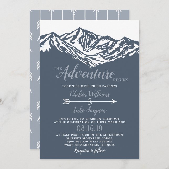 Invitation L'aventure commence Mountain Mariage Dusty Blue (Devant / Derrière)