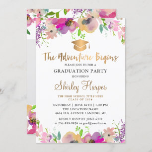 Invitation L'aventure commence rose Floral Graduation Photo
