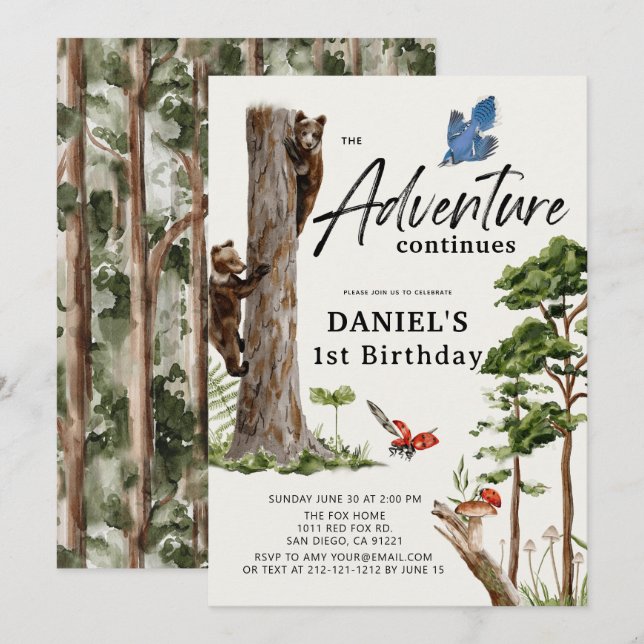 Invitation L'aventure continue Bear Forest 1er anniversaire (Devant / Derrière)