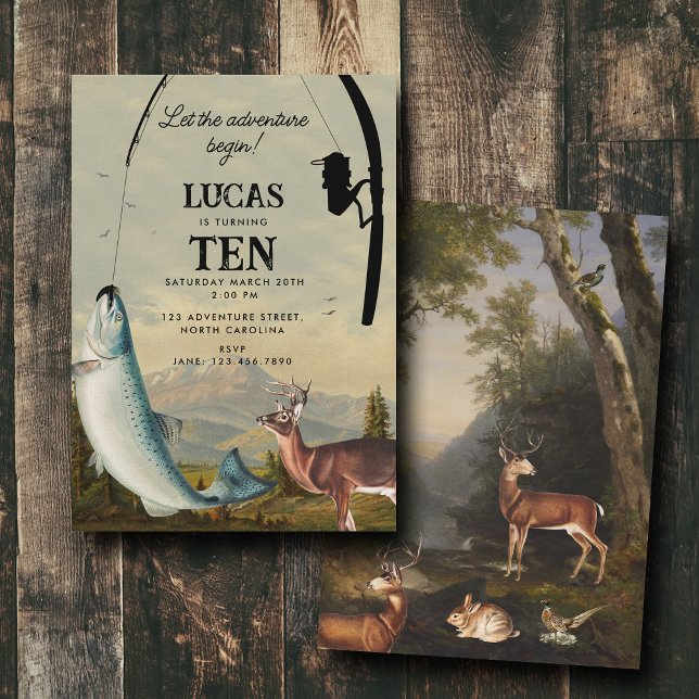 Invitation L'aventure de chasse et de pêche commence Annivers (Hunting Fishing Adventure Begins Kids Birthday Invitation)