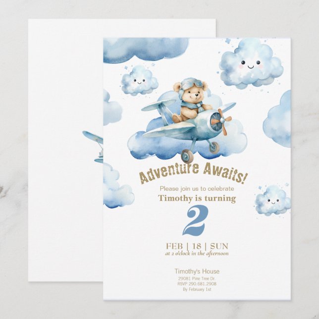 Invitation L'aventure de Teddy dans les airs pour son 2e anni (Devant / Derrière)
