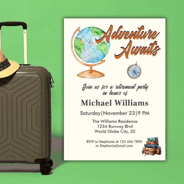 Invitation L'aventure de voyage à la retraite attend le monde (Créateur téléchargé)