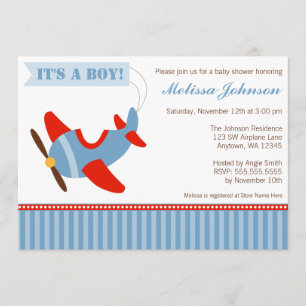 Invitation L'avion barre le baby shower rouge de garçon bleu