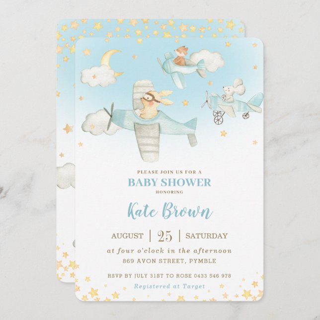 Invitation L'avion de Cute Animals étoilé Sky Baby shower Boy (Devant / Derrière)