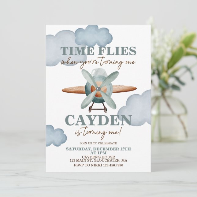 Invitation L'avion Time Flies a un an (Debout devant)