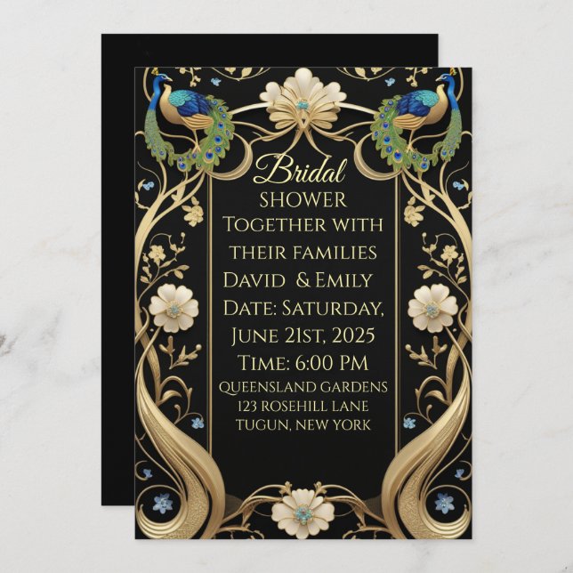 Invitation Lavish Art Nouveau Mariage noir et or Invitati (Devant / Derrière)