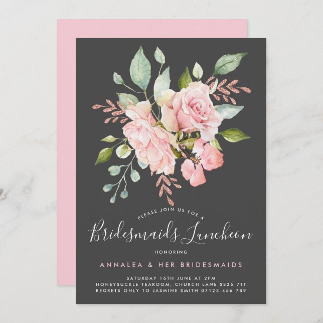 Invitation Lavish Rose Roses et Parties scintillant Bridesmai (Devant / Derrière)