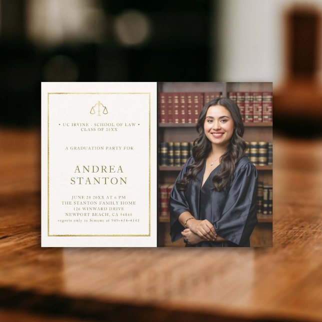 Invitation Law School Graduation Gold Frame Photo moderne (law school graduation party invitation photo gold frame scales of justice elegant modern classy ivor)