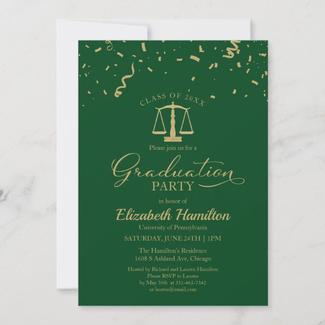 Invitation Law School Graduation Party Gold Confetti Green (Devant)