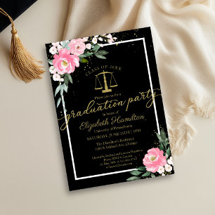 Invitation Law School Graduation Party Hot rose Floral Noir