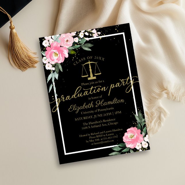 Invitation Law School Graduation Party Hot rose Floral Noir (Créateur téléchargé)
