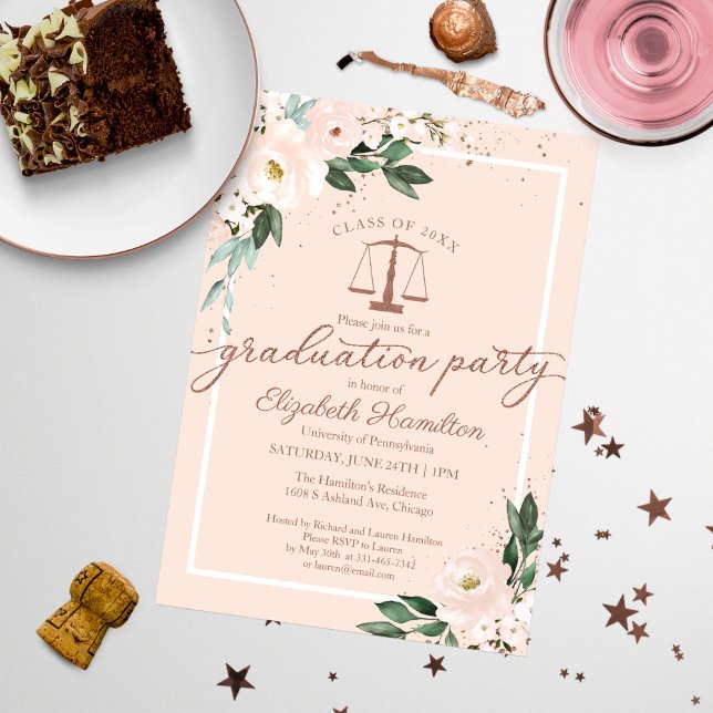 Invitation Law School Graduation Party Pink Blush Floral (Créateur téléchargé)
