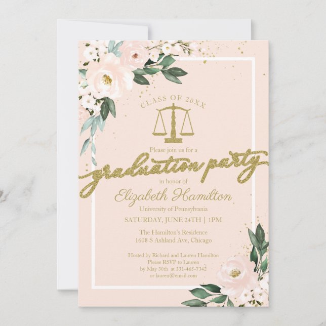 Invitation Law School Graduation Party Pink Blush Floral (Devant)
