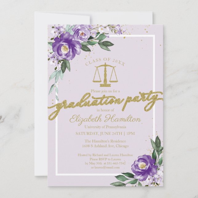 Invitation Law School Graduation Party Purple Lavender Floral (Devant)