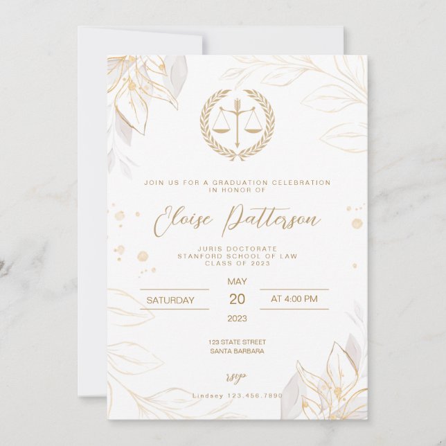 Invitation Law School Graduation Party - Simple or et blanc (Devant)