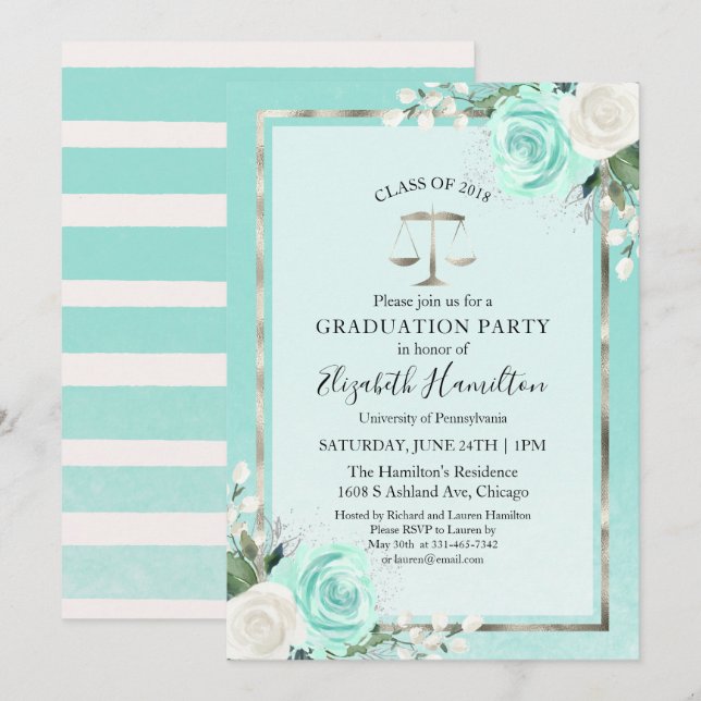 Invitation Law School Graduation Party Turquoise Floral (Devant / Derrière)