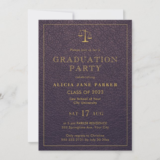 Invitation Law school graduation photo purple gold elegant (Devant)