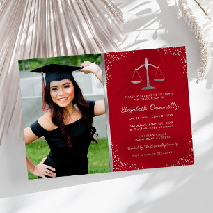 Invitation Law School Photo Red Silver Graduation Party