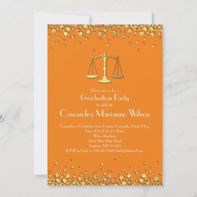 Invitation Lawyer Law School Graduation Party Gold Orange (Devant)