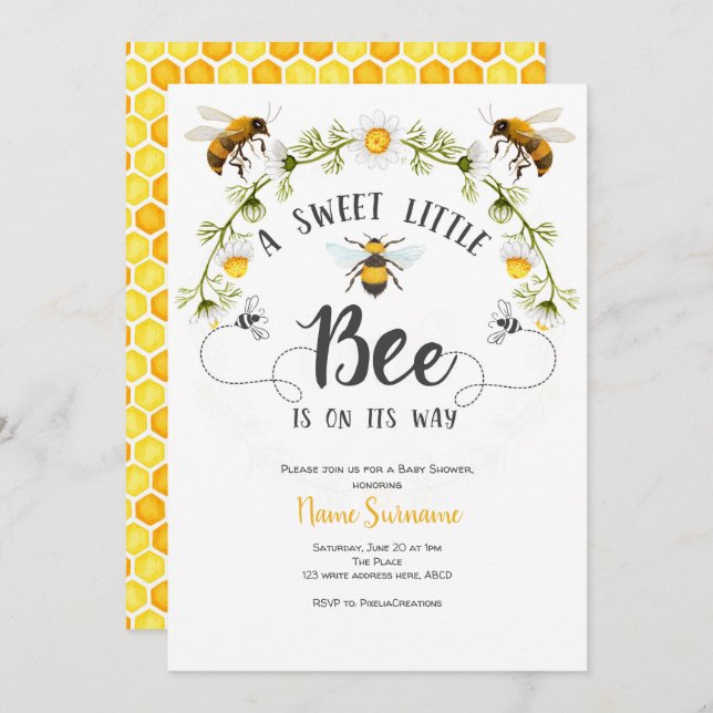 Invitation L'baby shower des abeilles, Une douce petite abeil (Devant / Derrière)