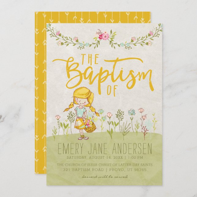 INVITATION LDS BAPTISM | Cute Shabby Floral Girl (Devant / Derrière)