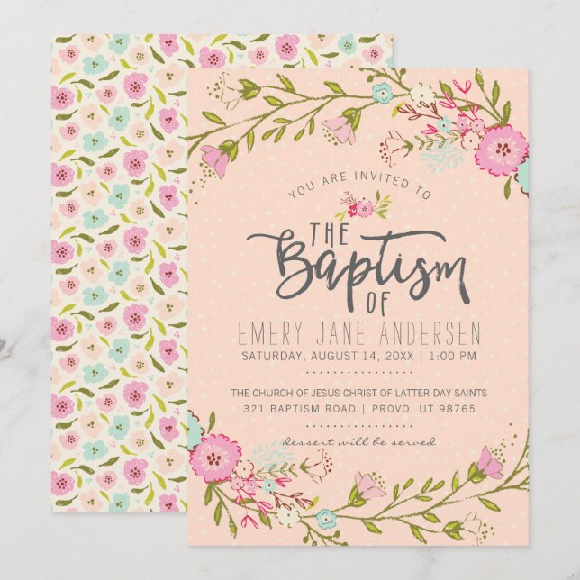 INVITATION LDS BAPTISM | Élégante Fille Florale Ro (Devant / Derrière)