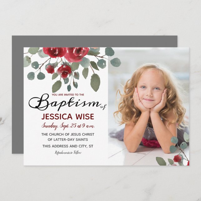 Invitation LDS Baptism Girl Aquarelle Rose Floral (Devant / Derrière)