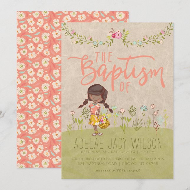 INVITATION LDS BAPTISM | Sweet Vintage Floral Girl (Devant / Derrière)