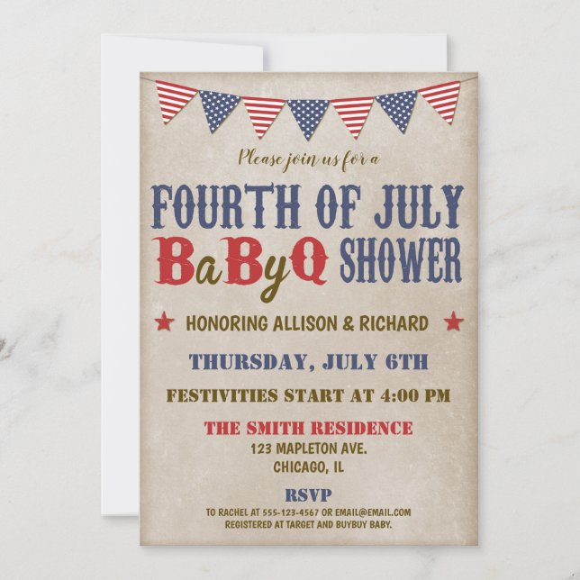 Invitation Le 4 juillet baby shower rouge blanc bleu rustique (Devant)