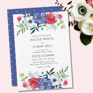 Invitation Le 4 juillet Mariage floral rouge blanc et bleu