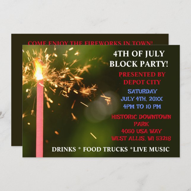 Invitation Le 4 juillet Parti du bloc de l'indépendance Spark (Devant / Derrière)