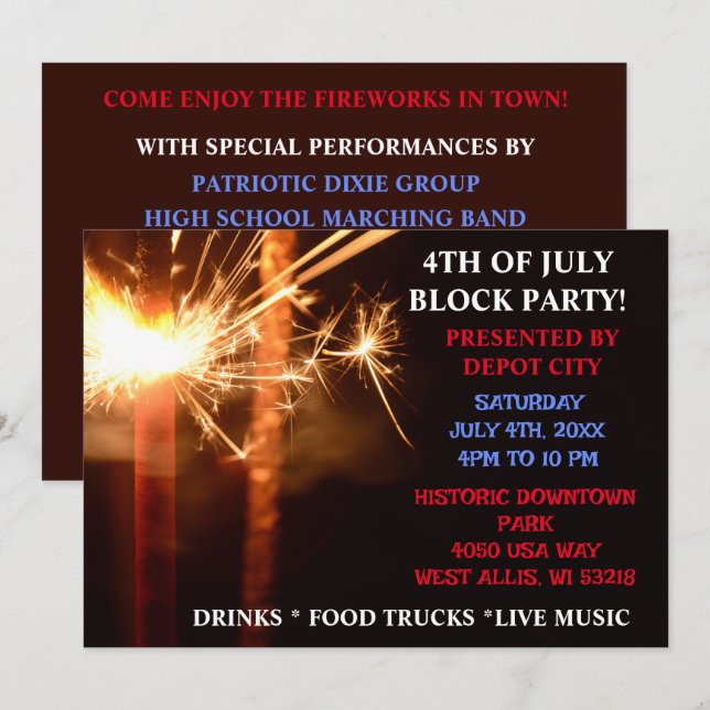 Invitation Le 4 juillet Parti du bloc de l'indépendance Spark (Devant / Derrière)