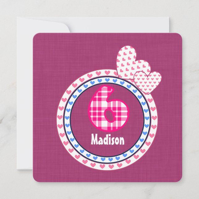 Invitation Le 6ème anniversaire de la fille six bleus roses (Devant)