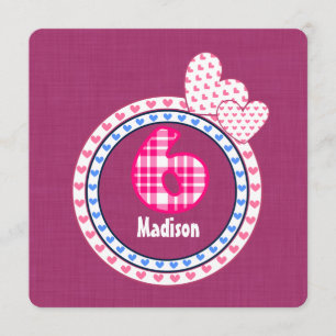 Invitation Le 6ème anniversaire de la fille six bleus roses