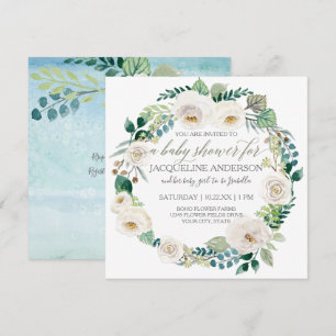 Invitation Le Baby shower Bleu et blanc Roses Feuille de cour