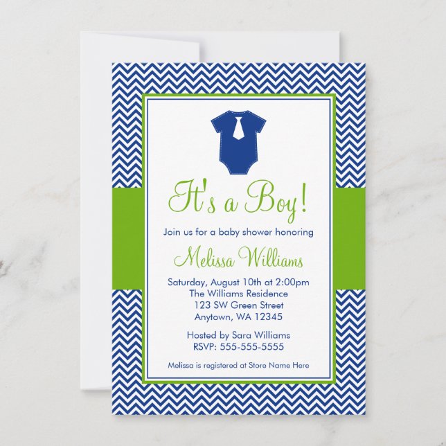 Invitation Le Baby shower bleu vert de Little Man Chevron (Devant)