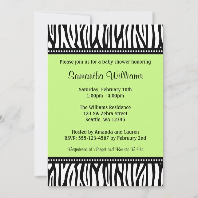 Invitation Le Baby shower branché Green Zebra (Devant)