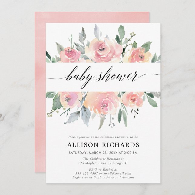 Invitation Le baby shower de fille, élégant rougissent floral (Devant / Derrière)