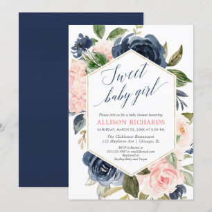 Invitation Le baby shower de fille rougissent bleu marine