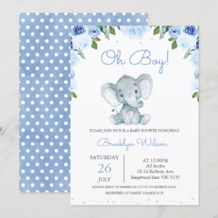 Invitation Le Baby shower d'éléphant floral bleu du garçon