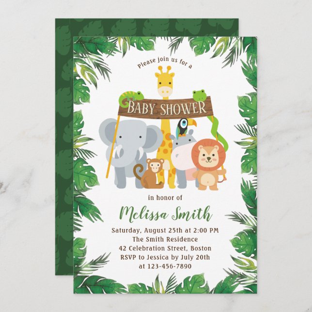 Invitation Le Baby shower des animaux de la Forêt Safari de l (Devant / Derrière)