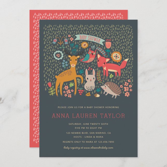 Invitation Le Baby shower des animaux des bois (Devant / Derrière)