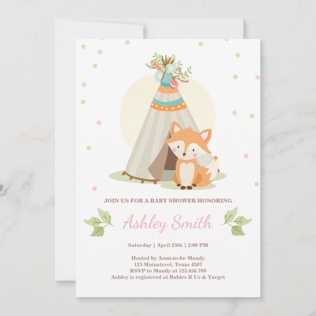 Invitation Le baby shower des bois envahit Fox Teepee Girl ro (Devant)