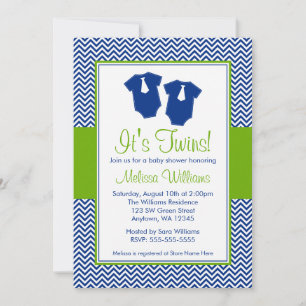 Invitation Le Baby shower des jumeaux bleu Chevron Green