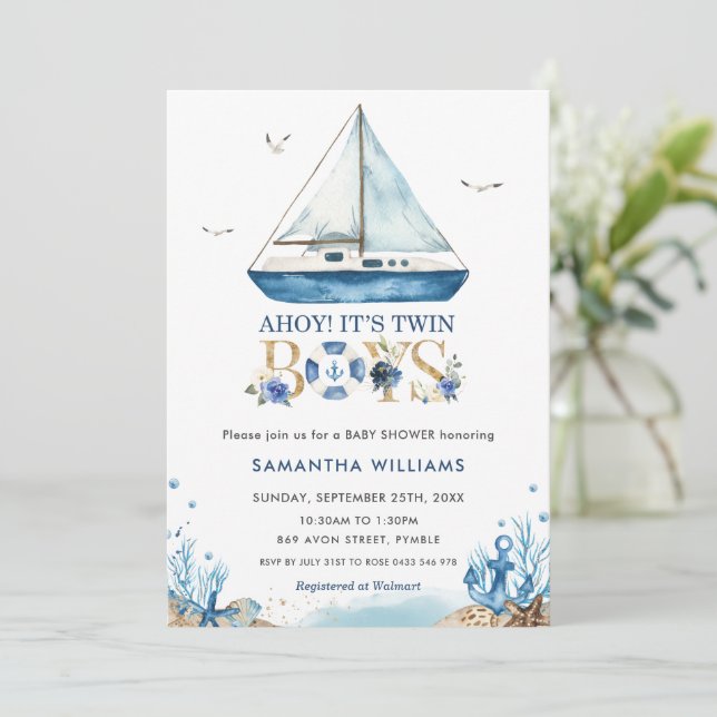 Invitation Le Baby shower des jumeaux de Nautical Boat Ahoy  (Debout devant)