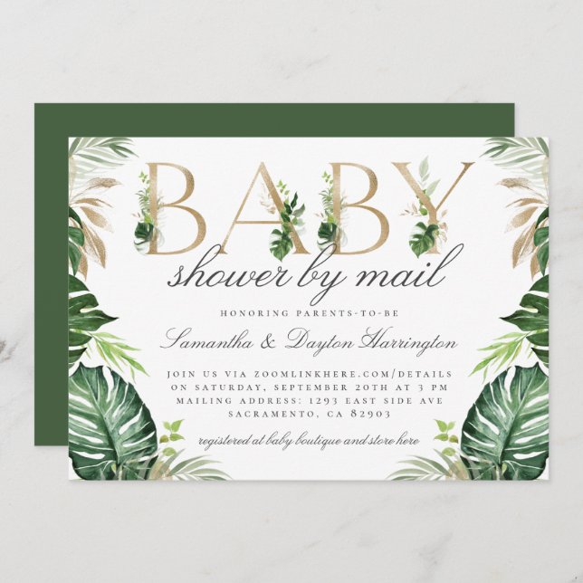 Invitation Le Baby shower d'or Chic Tropical Green par la pos (Devant / Derrière)