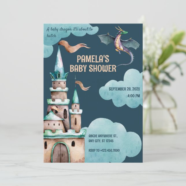 Invitation Le baby shower du château de Dragon Vert (Debout devant)