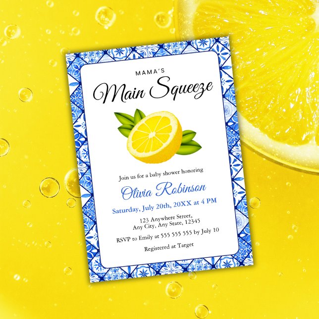 Invitation Le Baby shower principal de Mama en carreaux bleus (Mama's Main Squeeze Blue Tile Lemon Baby Shower Invitation  )